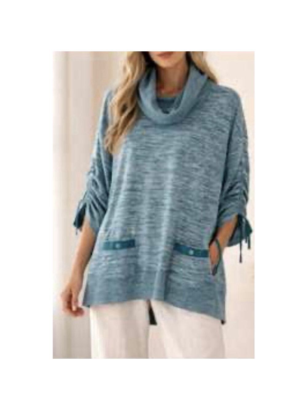 Ali Miles Heathered Tunic Top Plus 3X Women Blue Ruched Cowl Neck Boho Beach